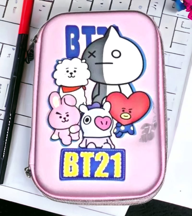 BT21 Pencil Case – Large 3D Embossed EVA Zipper Closure Pouch (Set of 1, Pink)